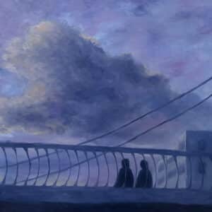 Evening Walk – zwei Silhouetten auf einer Brücke bei Abendhimmel, Ölbild von Karina Vorobyeva (tomorrow april), zeitgenössische Kunst Leipzig