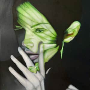 Butterfly – Porträt einer Frau mit grünen Lichteffekten und Schmetterling, Ölbild von Karina Vorobyeva (tomorrow april), zeitgenössische Kunst Leipzig