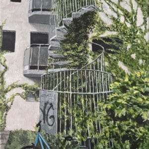 Hidden Place – verwachsene Wendeltreppe mit Fahrrad, detailreiche Stadtlandschaft von Karina Vorobyeva (tomorrow april), zeitgenössische Kunst Leipzig