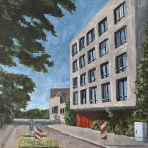 The Corner – realistische Stadtansicht in Leipzig, architektonische Malerei von Karina Vorobyeva (tomorrow april), zeitgenössische Kunst Leipzig